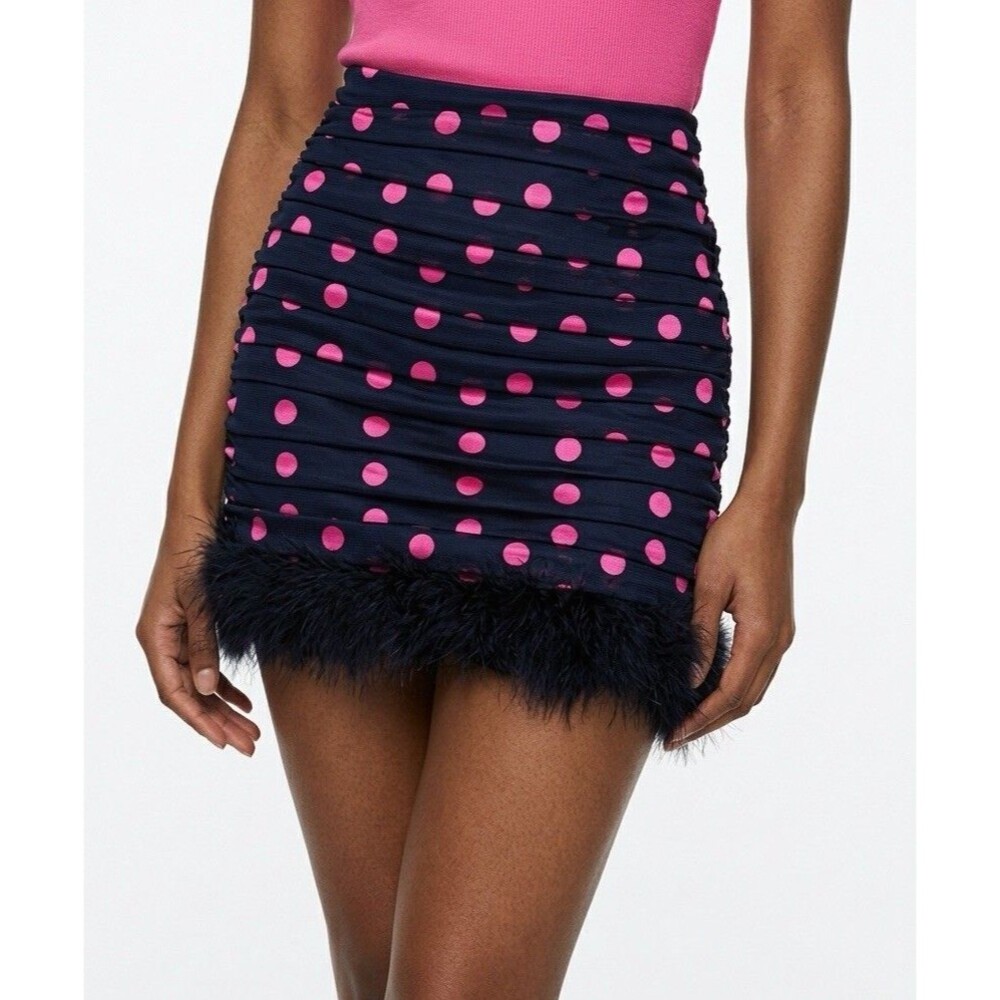 MAJORELLE Dana Feather Polka Dot Ruched Mini Skirt NWT Pink Navy Size Small $188